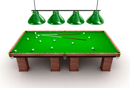 Billiard table with balls and cues