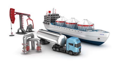 Concept of oil extraction and refining, isolated on whiteの写真素材