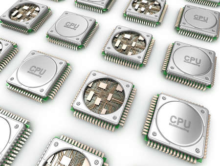 Array of CPU's. Central processor units isolated on white.