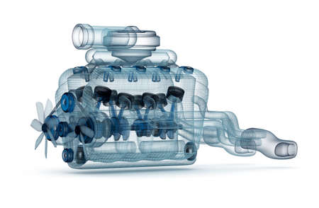 Wire model of engine with turbocharger over white. My own design.の写真素材