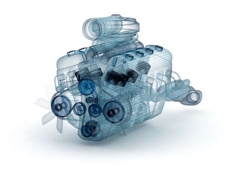 Wire model of engine with turbocharger over white. My own design.