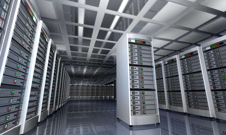 Modern interior of server room in datacenter 3D rendering