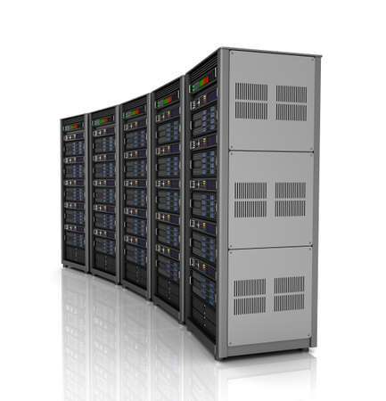 Row of network servers in data center isolated on white background. 3D illustrationの写真素材