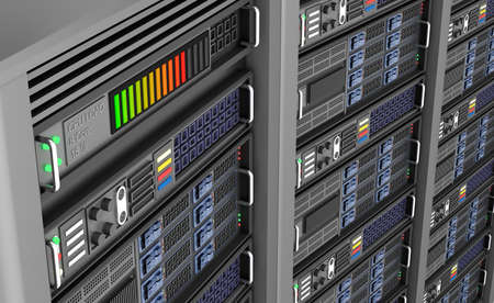 Row of network servers in data center isolated on white background. 3D illustration
