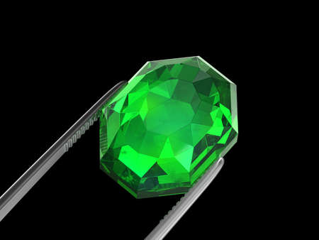 Emerald Seen close up with tweezers, 3D illustrationの写真素材