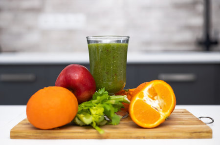 healthy smoothie in glass and fruits all around on wooden boardの写真素材