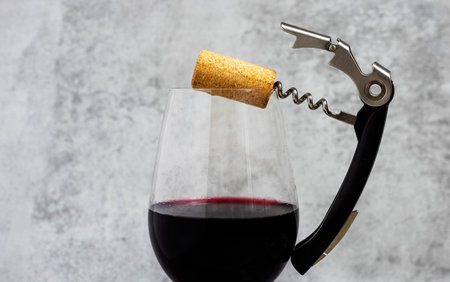 red wine in glass with brie cheese on edge,cork and crowscrewの写真素材