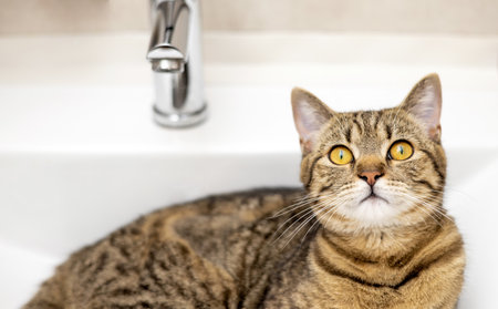 portrait of cute tabby female cat kitty in bathroomの写真素材