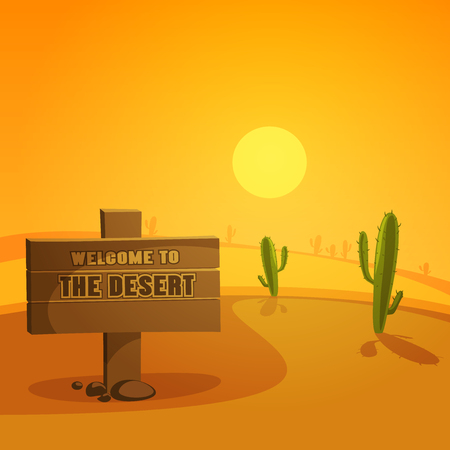 Desert landscape with wooden board and cactus のイラスト素材