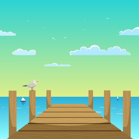 Cartoon illustration of the wooden pier with seagull のイラスト素材