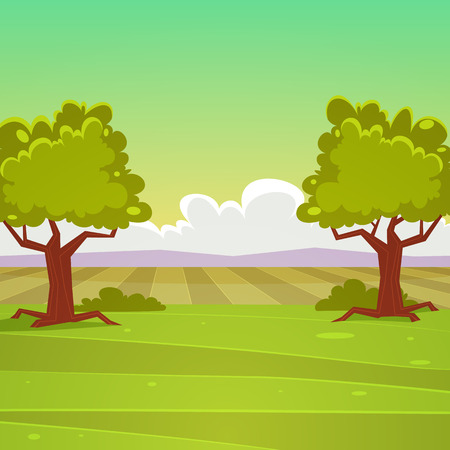Summer landscape with trees on a meadow, cartoon vector illustration.のイラスト素材