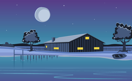 Cartoon illustration of the cabin on the lake with dock at night time.のイラスト素材