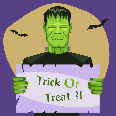Cartoon illustration of the Frankenstein with banner, Halloween greeting card.のイラスト素材