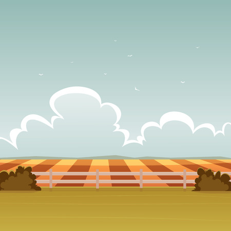 Cartoon illustration of the summer landscape with fence on a field.のイラスト素材