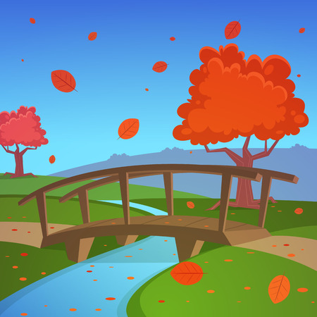 Autumn landscape with bridgeのイラスト素材