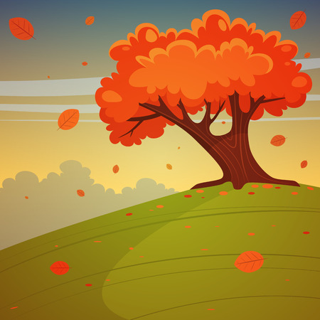 Cartoon illustration of tree on the hill, autumn landscape.のイラスト素材