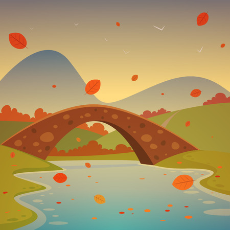 Cartoon autumn landscape with bridge and mountains in background.のイラスト素材