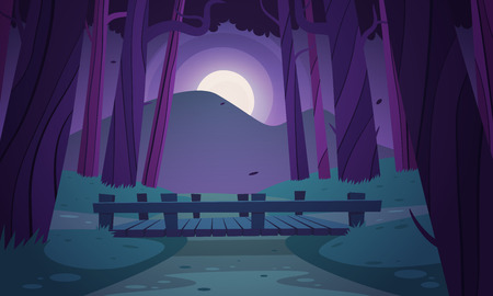 Cartoon illustration of the small wooden bridge in the woods, night landscape.のイラスト素材