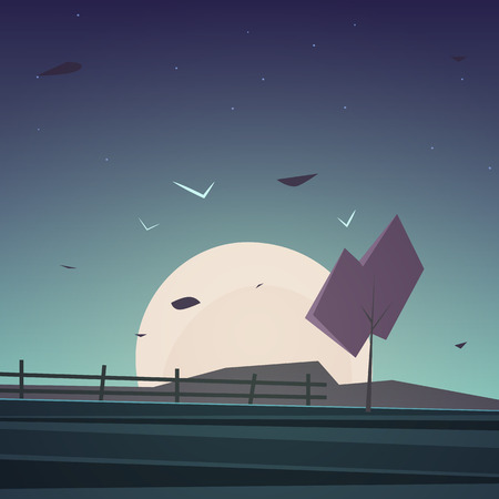 Night cartoon landscape with tree and fence, vector illustration.のイラスト素材