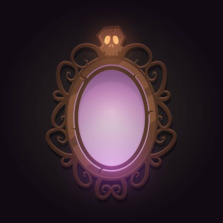 Cartoon illustration of the creepy retro mirror with skull.のイラスト素材