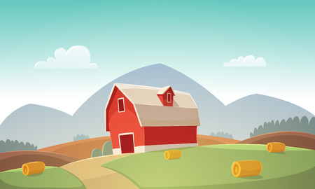 Mountain countryside landscape with red farm barn, cartoon illustration.のイラスト素材