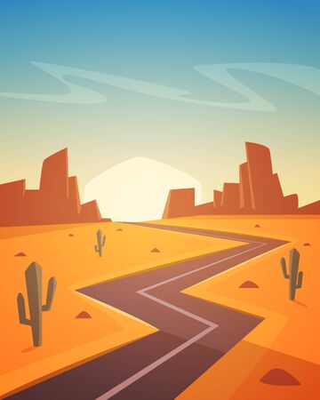 Desert landscape with asphalt road, cartoon illustration.のイラスト素材