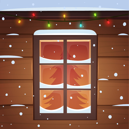 Snow covered window with Christmas lights, cartoon illustration.のイラスト素材