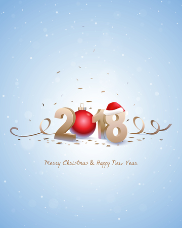 Happy New Year 2018 and Merry Christmas. Golden 3D numbers with Santa hat, red Christmas ball and confetti on a bright snowy background.のイラスト素材