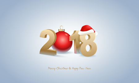 Happy New Year 2018 and Merry Christmas. Golden 3D numbers with Santa hat, red Christmas ball on a bright background.のイラスト素材