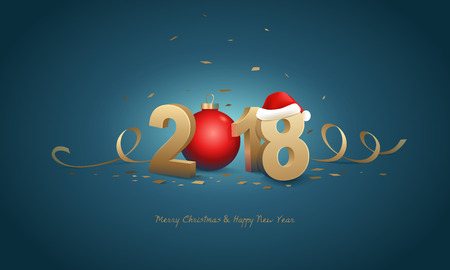 Happy New Year 2018 and Merry Christmas. Golden 3D numbers with Santa hat, red Christmas ball and confetti on a blue background.のイラスト素材