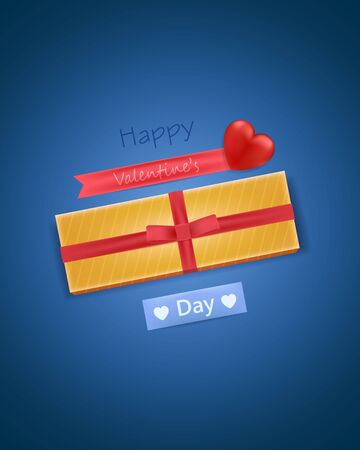Valentines greeting card design, heart with red banner and gift box on a blue background.のイラスト素材