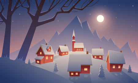 Small village in snow with mountain in background, cartoon vector illustration.のイラスト素材