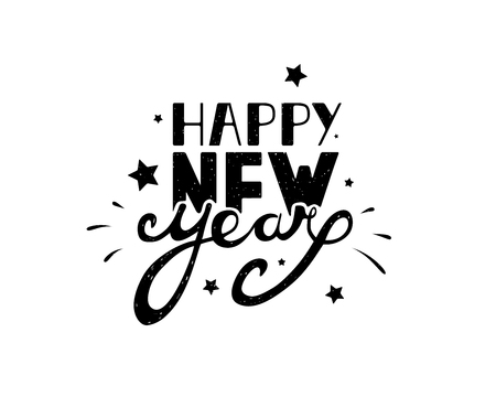 Happy New Year hand lettering on a white background. Hand drawn typography.のイラスト素材