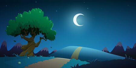 Cartoon illustration of the night summer countryside landscape. Moon in the valley with mountain in background.のイラスト素材