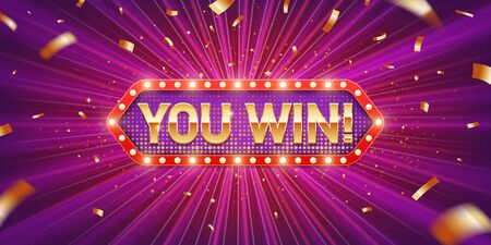 You win. Retro winner congratulation banner with glowing light bulbs and golden confetti on a burst purple background. Winners of poker, jackpot, roulette, cards or lottery.のイラスト素材
