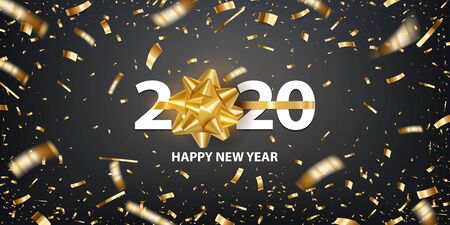 Happy new year 2020. Golden self adhesive gift bow with white number and confetti, against black...