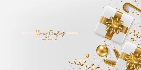 Christmas background. Merry Christmas and happy new year. White gift box with gold self adhesive bow and pine on a white background.のイラスト素材