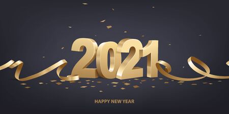 Happy New Year 2021. Golden 3D numbers with ribbons and confetti on a black background.のイラスト素材