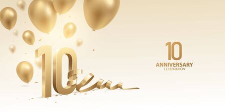 10th Anniversary celebration background. 3D Golden numbers with bent ribbon, confetti and balloons.のイラスト素材