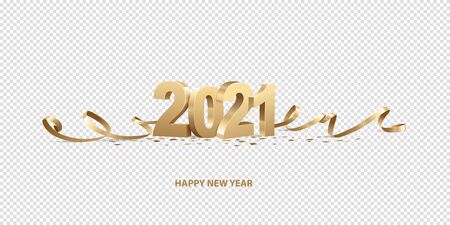 Happy New Year 2021. Golden 3D numbers with ribbons and confetti , isolated on transparent background.のイラスト素材