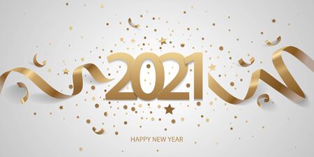 Happy New Year 2021. Golden numbers with ribbons and confetti on a white background.のイラスト素材