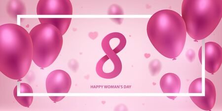 Happy woman's day background. 8th March, women's day greeting card. Pink balloons with square frame.のイラスト素材