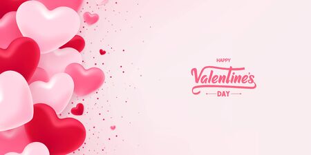 Happy Valentines Day. Valentines day card with 3D hearts and confetti on white background.のイラスト素材
