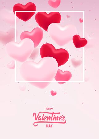 Happy Valentines Day. Valentines day card with flying 3D hearts, confetti and frame on white background.のイラスト素材