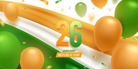 Happy India republic day, 26 January. National flag with 3d numbers and balloons with confetti. National celebration background.のイラスト素材
