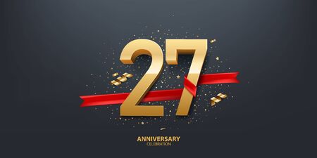 27th Year anniversary celebration background. 3D Golden number wrapped with red ribbon and confetti on black background.のイラスト素材