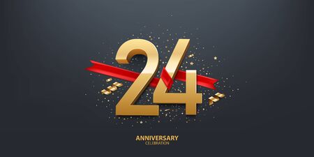 24th Year anniversary celebration background. 3D Golden number wrapped with red ribbon and confetti on black background.のイラスト素材