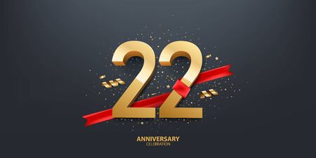 22nd Year anniversary celebration background. 3D Golden number wrapped with red ribbon and confetti on black background.のイラスト素材