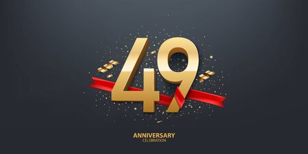 49th Year anniversary celebration background. 3D Golden number wrapped with red ribbon and confetti on black background.のイラスト素材