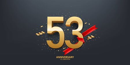 53rd Year anniversary celebration background. 3D Golden number wrapped with red ribbon and confetti on black background.のイラスト素材